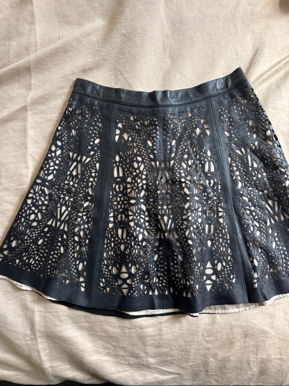 Parker Size 4 Black Laser-Cut A-Line Skirt with Neutral Lining